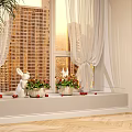Fresh Fruits On Windowsill With White Rabbit Figurines And Flower Pots Near Tall Buildings Outside