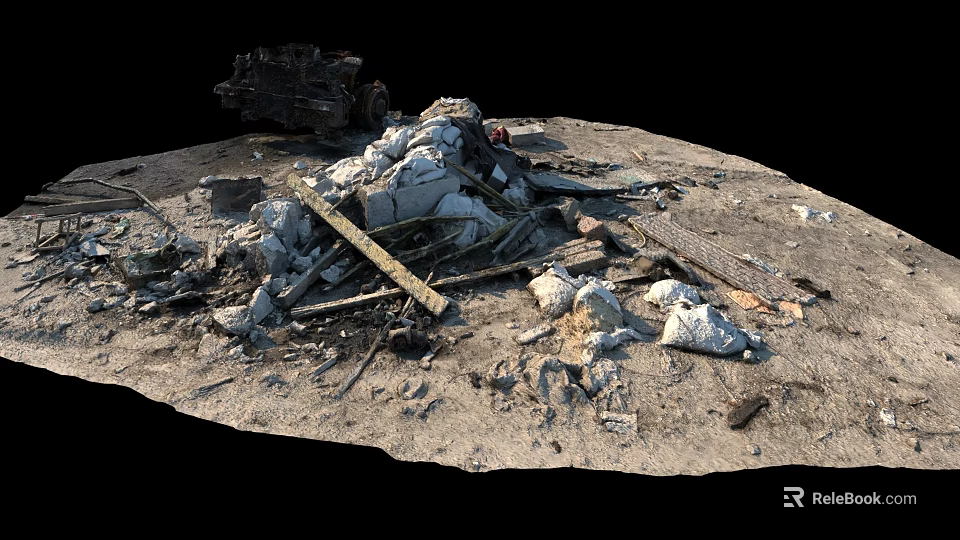 Building Components in Ruins with Scattered Wooden Planks Metal Pieces and Rubble 3d model 