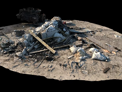 Building Components in Ruins with Scattered Wooden Planks Metal Pieces and Rubble 3d model