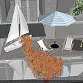 Outdoor Terrace Floral Display With Sailboat Model Deck Chairs White Parasol And Green Tree