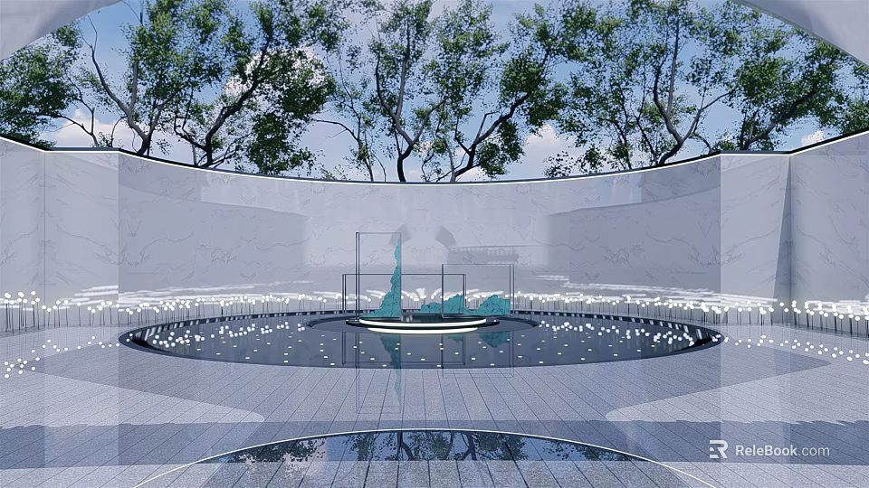 Blue Sculpture in Circular Pool with White Ground Trees and White Walls in Background 3d model 