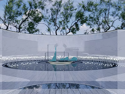 Blue Sculpture in Circular Pool with White Ground Trees and White Walls in Background 3d model