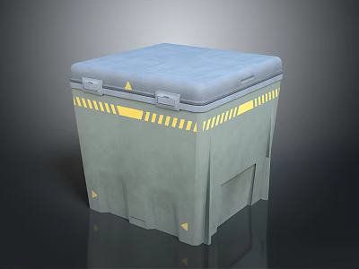 Gray Home Storage Box Featuring Blue Lid Yellow Warning Signs And Yellow Stripes 3d model