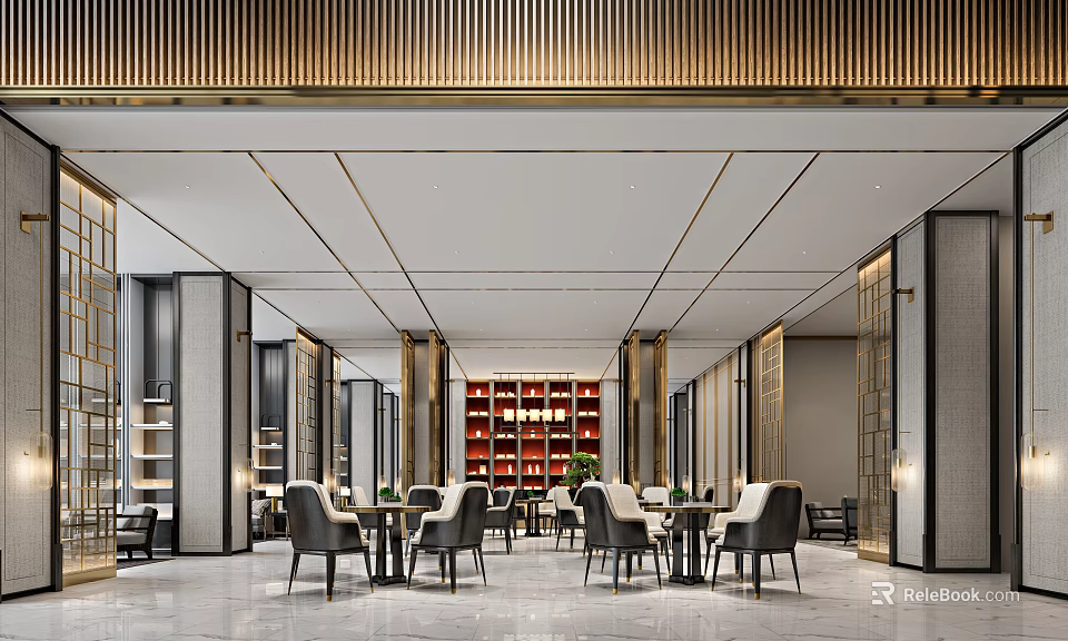 Modern Luxury Lounge Area With Elegant Tables Chairs And Red Wine Cabinet 3d model 