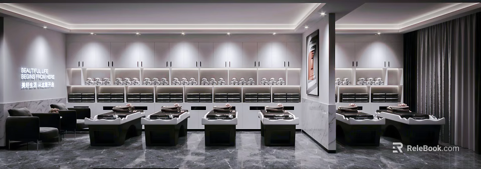 Modern Hair Salon Interior With White Cabinets Mannequin Heads And Workstations 3d model 