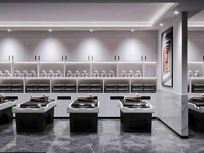 Modern Hair Salon Interior With White Cabinets Mannequin Heads And Workstations 3d model