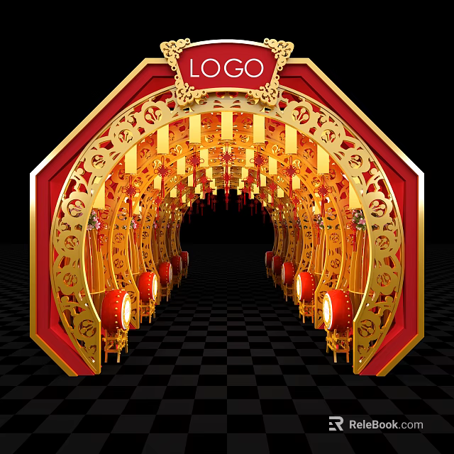 Chinese Style Decorative Archway With Golden Carvings Red Drums And Checkered Floor 3d model 