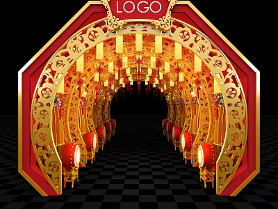 Chinese Style Decorative Archway With Golden Carvings Red Drums And Checkered Floor 3d model