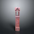 Traditional Red Brick Tower Architecture With Pointed Roof And Arched Window
