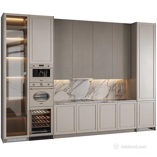 Modern Kitchen Cabinets With Ribbed Backsplash Marble Countertop Built-in Appliances And Wine Rack 3d model 