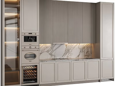 Modern Kitchen Cabinets With Ribbed Backsplash Marble Countertop Built-in Appliances And Wine Rack 3d model