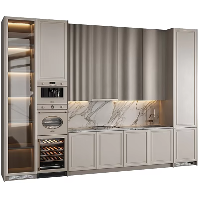 Modern Kitchen Cabinets With Ribbed Backsplash Marble Countertop Built-in Appliances And Wine Rack 3d model