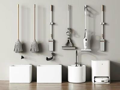 Bathroom Accessories Wall Mounted Mops Brooms Vacuum Cleaner And Storage Bins 3d model