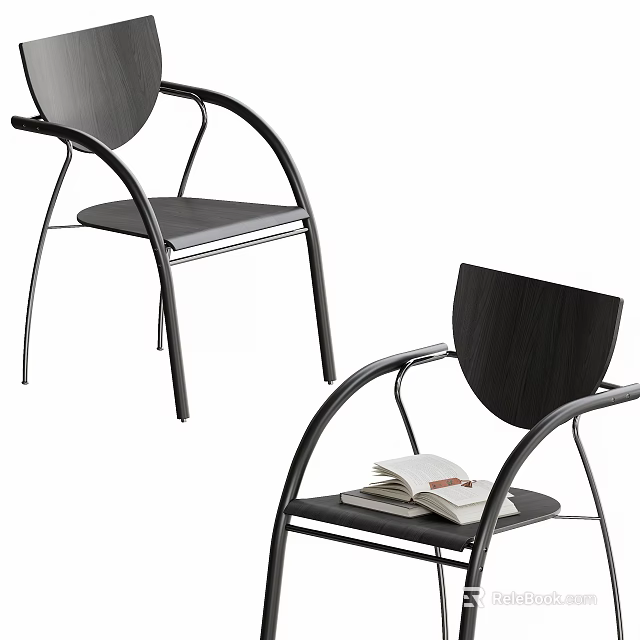 Modern Black Leisure Chairs With Metal Frame Wooden Back And Open Book On Seat 3d model 