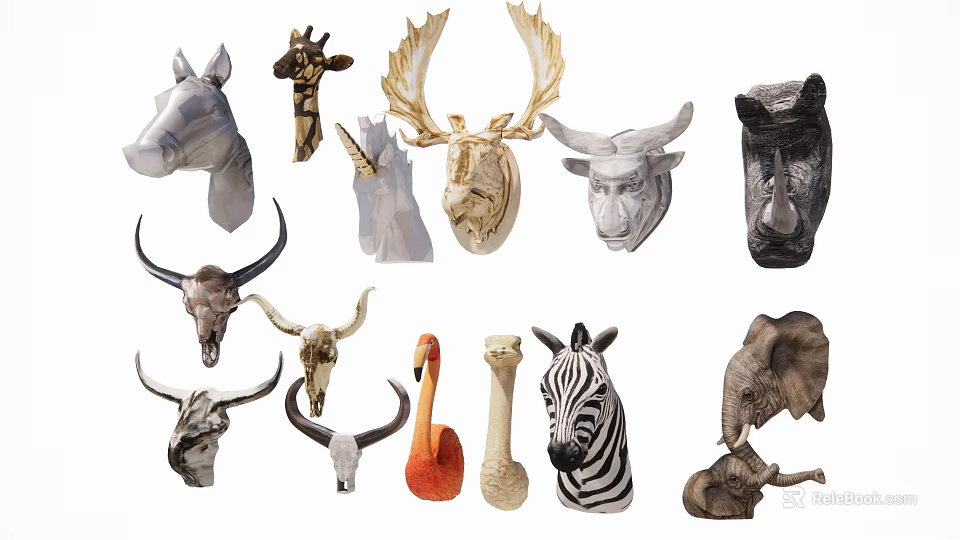 Animal Head Wall Decor Featuring Giraffe Deer Zebra Elephant And Flamingo Designs 3d model 