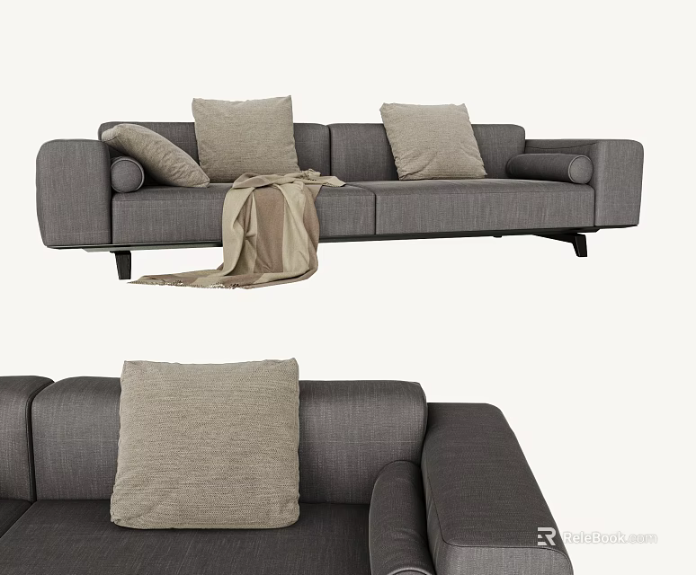 Modern Gray Two Seater Sofa With Decorative Pillows And Blanket 3d model