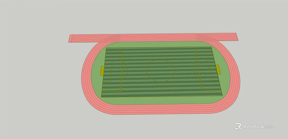 Soccer Field With Green Grass Surrounded By Red Running Track And Yellow Lines 3d model 