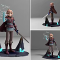 Game and Movie Character With Cloak Casting Magic And Holding Sword On Blue Glowing Base