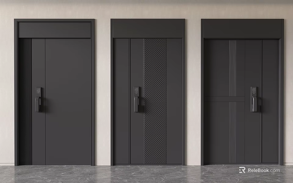 Black Modern Security Doors With Three Different Panel Designs And Metallic Handles 3d model