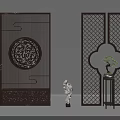 Traditional Chinese Wooden Partition Screens With Carved Patterns Lattice Design And Decorative Green Plant