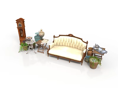Vintage Architectural Interior Design With Classic Sofa Grandfather Clock Side Table And Decorations 3d model