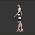 Standing Woman In Blue White Gray Spliced Dress Holding Handbag Wearing High Heels