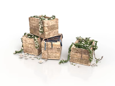 Three Wooden Crates Covered with Plants and Moss and Scattered Small Stones 3d model