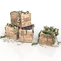 Three Wooden Crates Covered with Plants and Moss and Scattered Small Stones