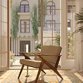 Elegant Villa Balcony Space With Comfy Armchair Floral Rug And Green Plants