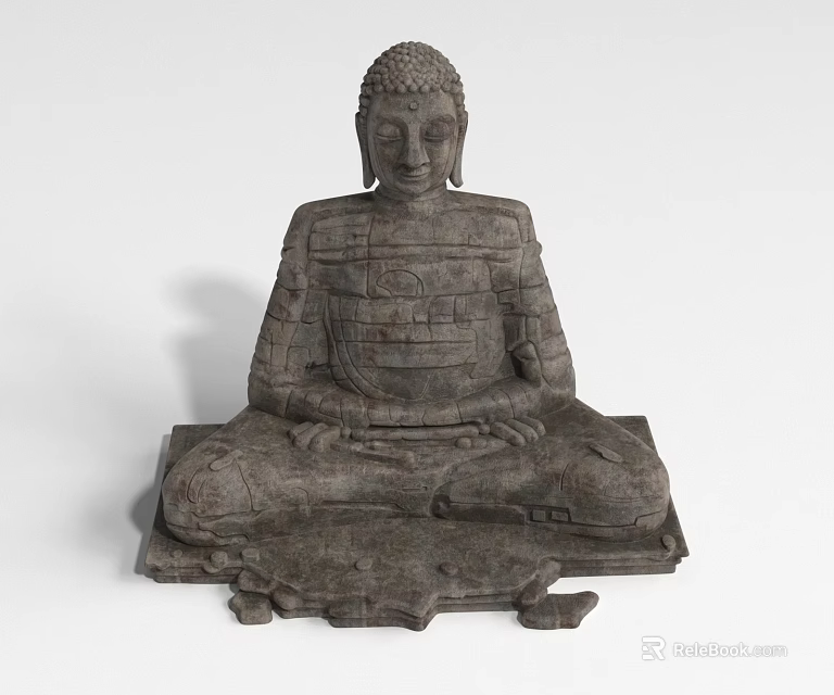 Landscape Sculpture Buddha Statue In Stone Material With Sitting Posture And Detailed Base 3d model 