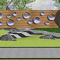 Wooden Feature Wall With Circular Windows Surrounded By Greenery Stone Path Lawn And Fire Pit 3d model