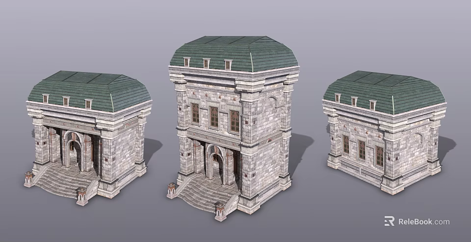 Classical Style Three Stone Buildings With Green Roofs Arched Doors And Steps 3d model 
