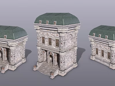 Classical Style Three Stone Buildings With Green Roofs Arched Doors And Steps 3d model