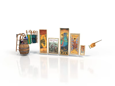 Vintage Decorative Scene With Wooden Barrel Ladder Hanging Decor And Colorful Posters 3d model