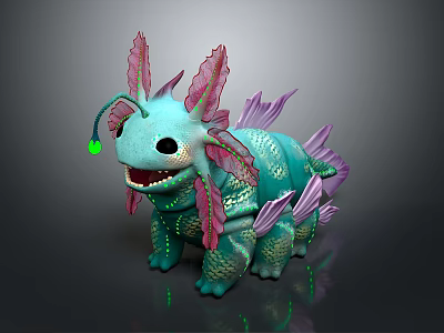 Turquoise And Pink Fantasy Creature 3D Model With Glowing Green Accents Fins And Scales 3d model