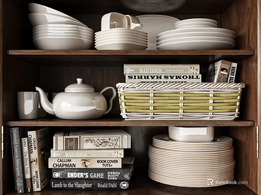 Organized Kitchen Cabinet With Plates Bowls Teapot Books And Wicker Basket 3d model 