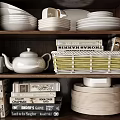Organized Kitchen Cabinet With Plates Bowls Teapot Books And Wicker Basket