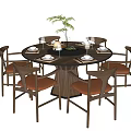 Modern Round Dining Table Set With Six Brown Upholstered Chairs And Tableware 3d model