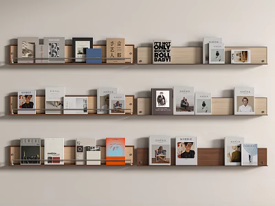 Modern Wooden Floating Shelves with Books Magazines and Photo Frames in Minimalist Home Interior 3d model