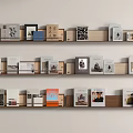 Modern Wooden Floating Shelves with Books Magazines and Photo Frames in Minimalist Home Interior