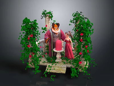 Game Movie Characters on Stone Pillar Platform with Green Vines Red Flowers 3d model