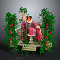 Game Movie Characters on Stone Pillar Platform with Green Vines Red Flowers