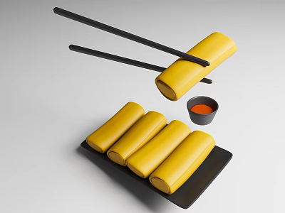 Yellow Spring Rolls Being Held By Chopsticks On Black Plate With Red Sauce 3d model