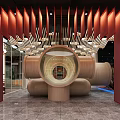 Luxury Club Lounge Interior With Circular Ceiling Red Central Decor Geometric Walls And Green Plants