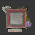 Outdoor Canopy Structure With Four Posts Stone Bench Purple Flowers And Green Plants