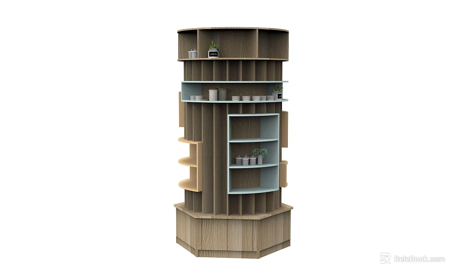 Modern Octagonal Multi Tiered Wooden Display Shelf With Open Storage Compartments 3d model