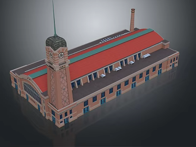 European Style Architecture Featuring Clock Tower Red Roof And Brick Exterior 3d model