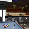 Modern Billiard Room Interior With Multiple Tables Overhead Lighting And Wall Decor 3d model