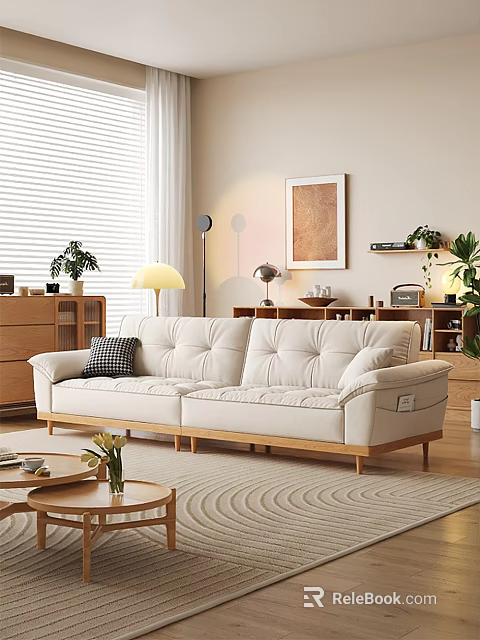 Modern Light Cream Fabric Sofa And Wooden Coffee Table Set For Cozy Living Room Decor 3d model 