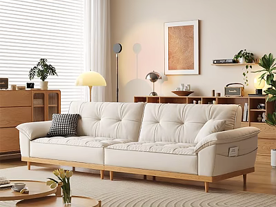 Modern Light Cream Fabric Sofa And Wooden Coffee Table Set For Cozy Living Room Decor 3d model